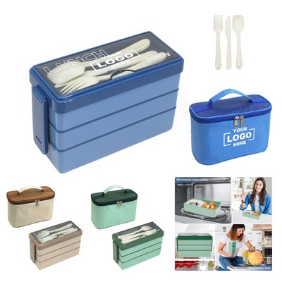 3-Layer Lunch Bento Box With Utensils Insulated Bag