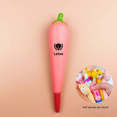 Strawberry Stress Reliever Pen 2 In 1 Squeeze Toy Pen PU Foam Gel Ink Pen