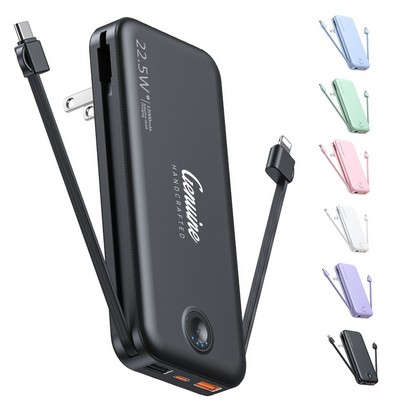 12,000mAh Multi-Output Fast Charging Portable Power Bank with Built-in Cables & AC Wall Plug
