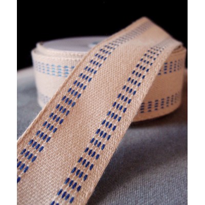 Burlap Webbing Ribbon w/Blue Stitching
