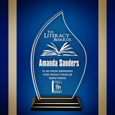 11" Flame Clear Acrylic Award with a Black Wood Base