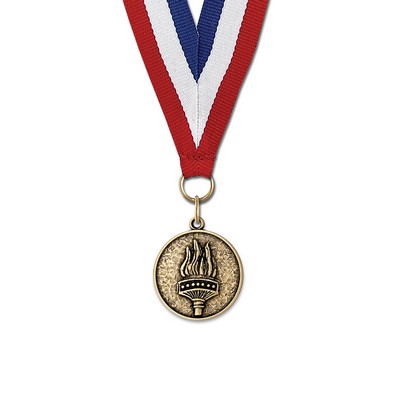 1 1/8" Torch Cast CX Medal w/ Red/White/Blue or Year Grosgrain Neck Ribbon