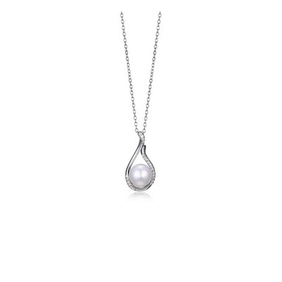 Diamondlite Cubic Zirconia 8.5mm Genuine Pearl Teardrop Necklace - Silver