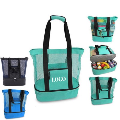2-in-1 Mesh Beach Tote Bag w/Insulated Cooler 15"x6"x18"