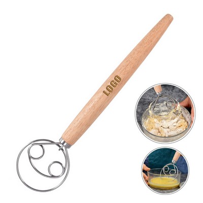 Dual Eye Food Grade Stainless Steel Dough Whisk With Wooden Handle