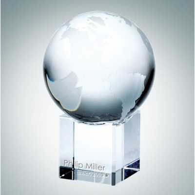 World Globe Optical Crystal Award w/Cube Base (Small)