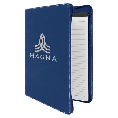 Zipper Portfolio with Notepad, Blue Faux Leather, 9 1/2" x 12"