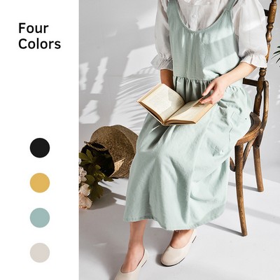 Cotton Linen Cross Back Apron for Women with Pockets