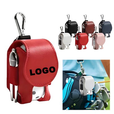 PU Leather Golf Ball Pouch Bag w/Tee Holder & Metal Button & Back Clip