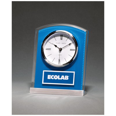 Glass Clock with Blue Carbon Fiber Design on Aluminum Base