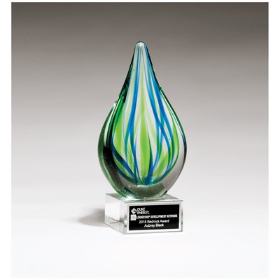 8" Blue and Green Teardrop Art Glass on Clear Glass Base