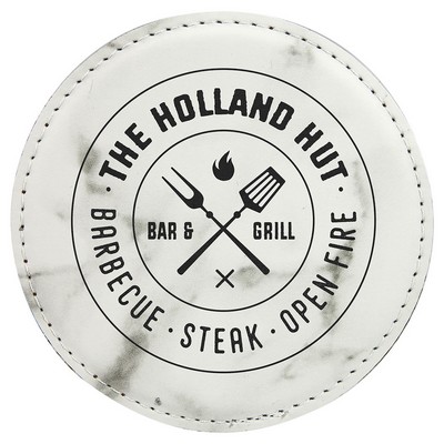 4" Round White Marble Leatherette Coaster