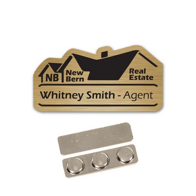 Name Badge Custom Shape-Brushed Gold Plastic. Laser Etch to Black. No Minimums