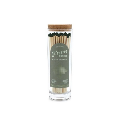 Fireside Tall Safety Matches With Olive Green Tip In Glass Container + Cork