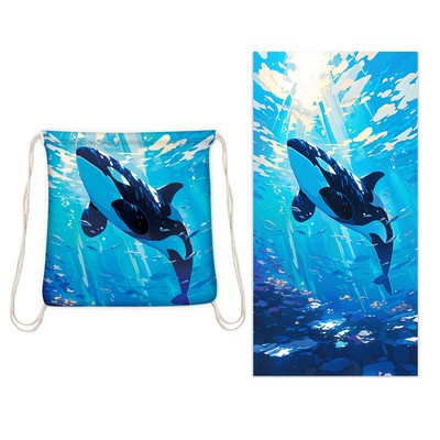 2 in 1 Sublimated Microfiber Beach Towel/Drawstring Backpack 28" x 55"