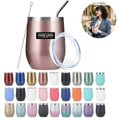 12oz Stainless Steel Wine Tumbler with Lid & Reusable Straw