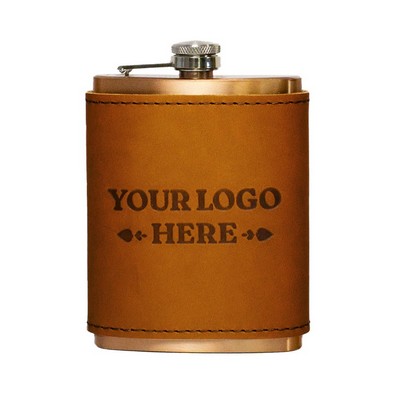 8 Oz. Copper Coated Stainless Flask w/ Full-Grain Leather Wrap / Gift box