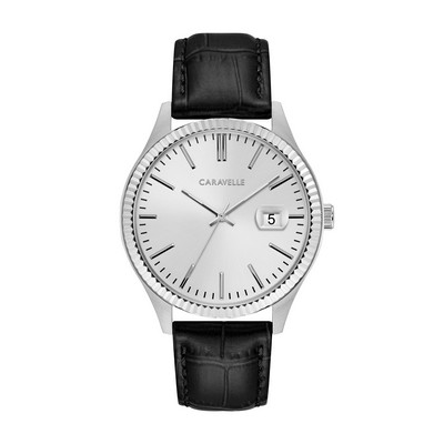 Caravelle Men's Leather Strap Dress Watch with Date Marker and Silver Dial