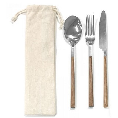 Faux Wood Grain Stainless Steel Cutlery Set In Pouch