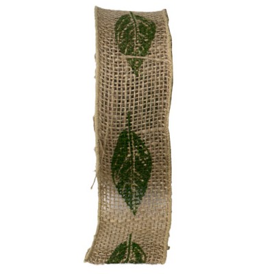 Wired Burlap Jute Ribbon w/Green Leaf Print