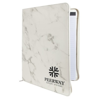 Zipper Portfolio with Notepad, White Marble Faux Leather, 9 1/2" x 12"