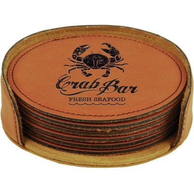 Round Coaster Set with 6 pcs, Rawhide Faux Leather, Engraved, 4" Dia