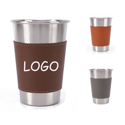 16oz Stainless Steel Drinking Cup With PU Leather Sleeve