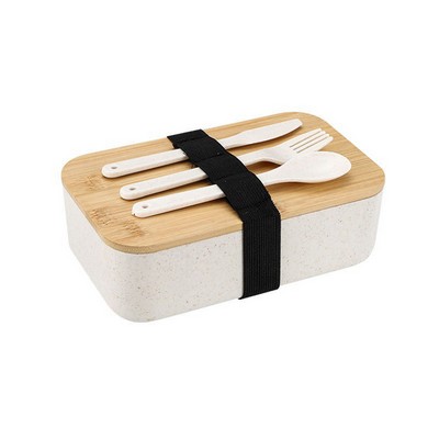 Pp Plastic Bento Box W/ Cutlery And Bamboo Lid