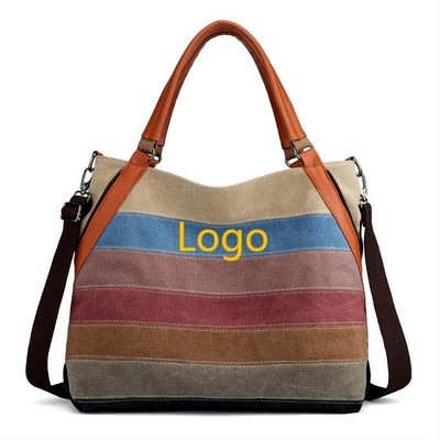 Color-Blocked Striped Shoulder Canvas Tote Bag