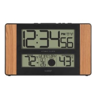 Atomic Digital Wall Clock w/Temperature & Moon Phase (Oak/Black)