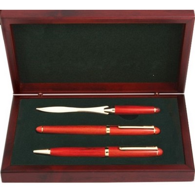 Rosewood Ballpoint & Roller Pen W/ Letter Opener in Wood Box