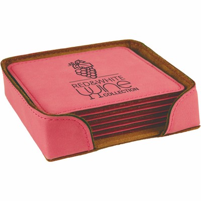 Square Pink Leatherette Coaster Set (4" x 4")