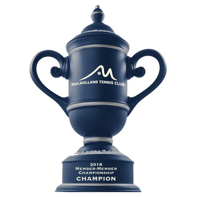 Custom Ceramic Trophy Cup - Blue / Ivory with Handles & Lid