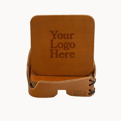 Full-Grain Leather Coaster Set of 4 -Square Coaster w/Holder and Gift Box