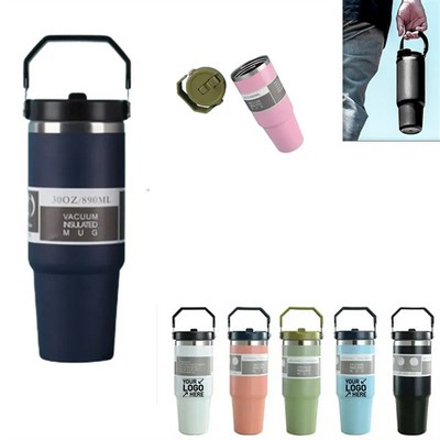 30oz Stainless Steel Coffee Tumbler with Flip Straw & Handle