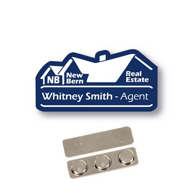 Name Badge -Custom Shape-Navy Blue Plastic laser etches to white. No Minimums