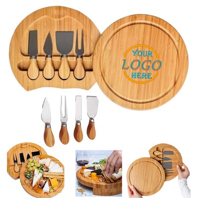 Bamboo Round Chopping Block w/ Cutlery Knife & Fork Set