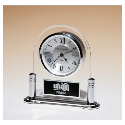 Desk Clock w/Beveled Glass Upright, Silver Metal Base