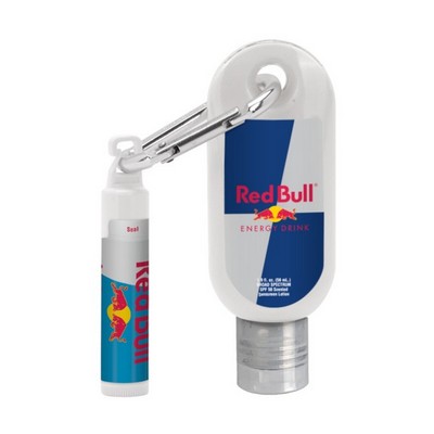 Custom 1.9 oz. SPF 50 Sunscreen with Carabiner and SPF 15 Lip Balm in White Tube with Hook Cap