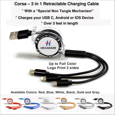 Corsa 3 in 1 Retractable Charging Cable - BLACK