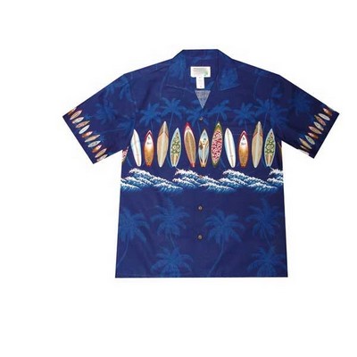 Navy Hawaiian Border Print Cotton Poplin Shirt w/ Button Front