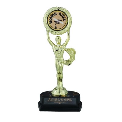 9 ½" Black & Gold Trophy w/Victory Figure Takes Insert