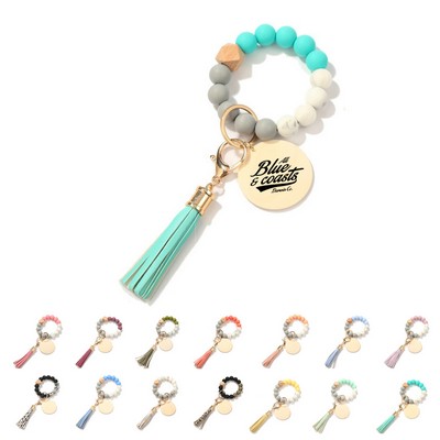 Silicone Beaded Keychain with Wood Tag and Tassel