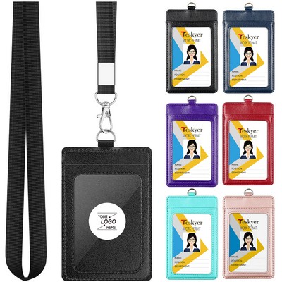 ID Badge Holder with 1 Clear ID Window 1 Credit Card Slot and PU Leather Lanyard