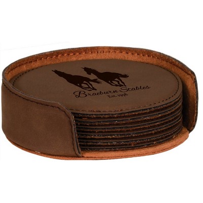 Round Coaster Set with 6 pieces, Dark Brown Faux Leather, Engraved, 4" Dia