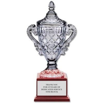 Optical Crystal Trophy Vase w/ Attached Rosewood Base (11-1/2" h)