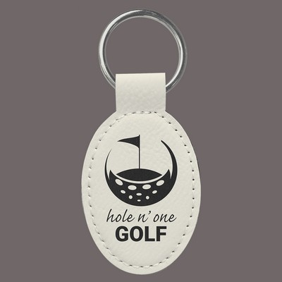 White Oval Keychain with Soft Edges, Laserable Leatherette, 3" x 1-3/4"