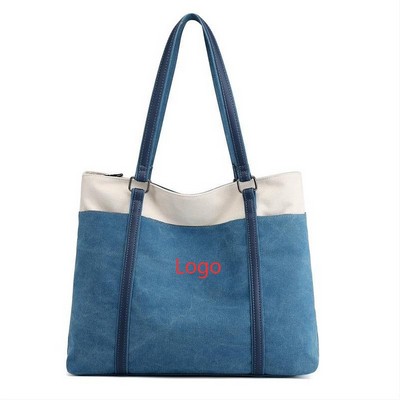 Trendy Canvas Shoulder Tote Bag W/ Zippered Back Pocket