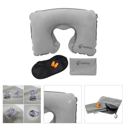 Inflatable Pillow with Eye Mask and Ear Plug Travel Set