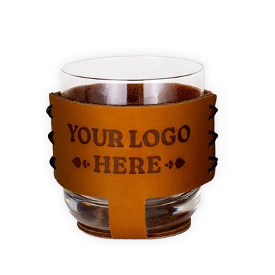 Full-Grain Leather Rocks Sleeve & Glass home bar set- single glass w/ sleeve cocktails, whiskey